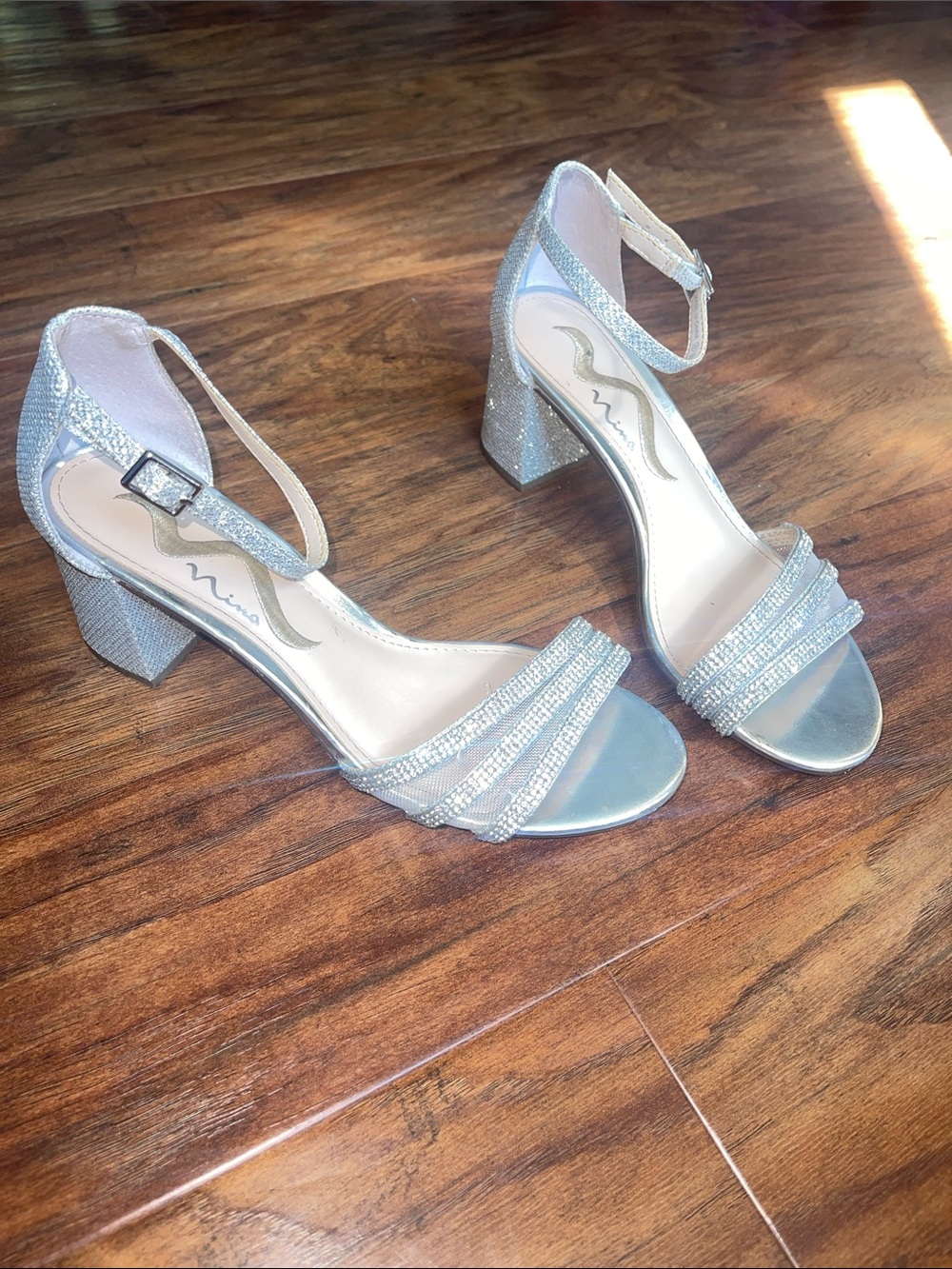 Nina Silver Glitter Ankle-Strap Block Heels